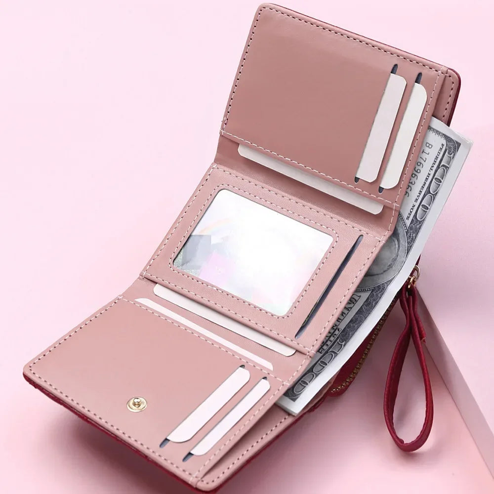 Portefeuille Femme Mignon Cœur Brodé Cuir PU - Trifold Multi-Cartes avec Porte-Monnaie