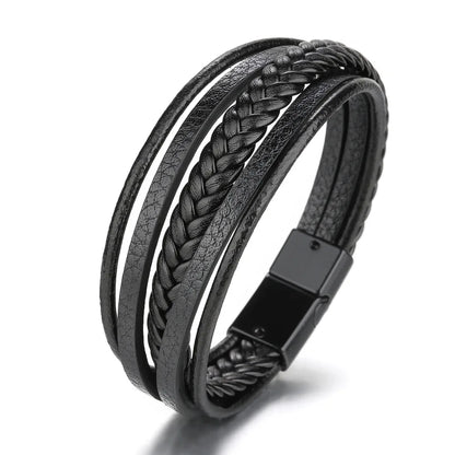 Bracelet Cuir Multicouche Tressé Homme – Acier Inoxydable 21 cm 14 Coloris Cadeau