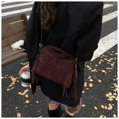 Sac à Main Femme Daim Vintage Style Français - Sac Bandoulière Épaule Glands Café