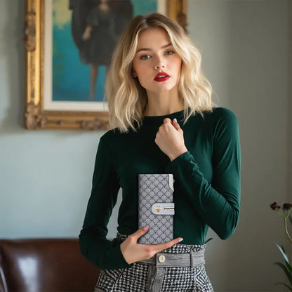 Portefeuille Femme Long Personnalisé Porte-Carte - Sac à Main Multifonction Téléphone Vert Tendance