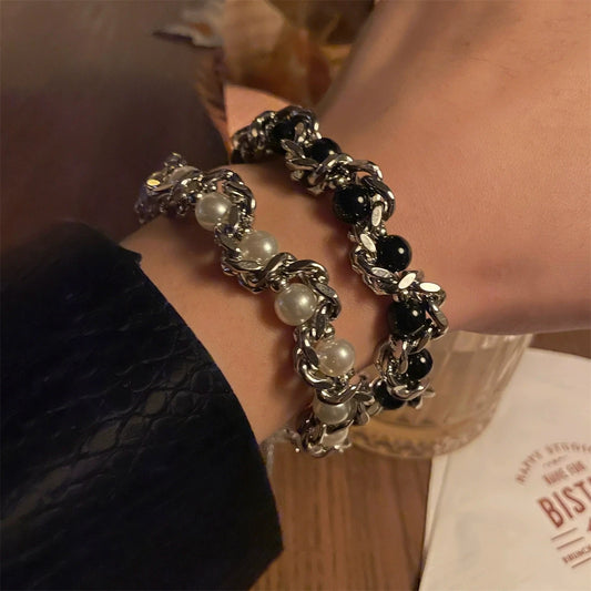 Bracelet Chaîne Perles Y2K Hip Hop – Argenté Vintage Unisexe