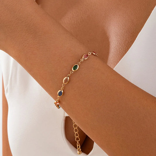 Bohemian Hand-Woven Colorful Crystal Bracelet – Simple Gold Chain for Women