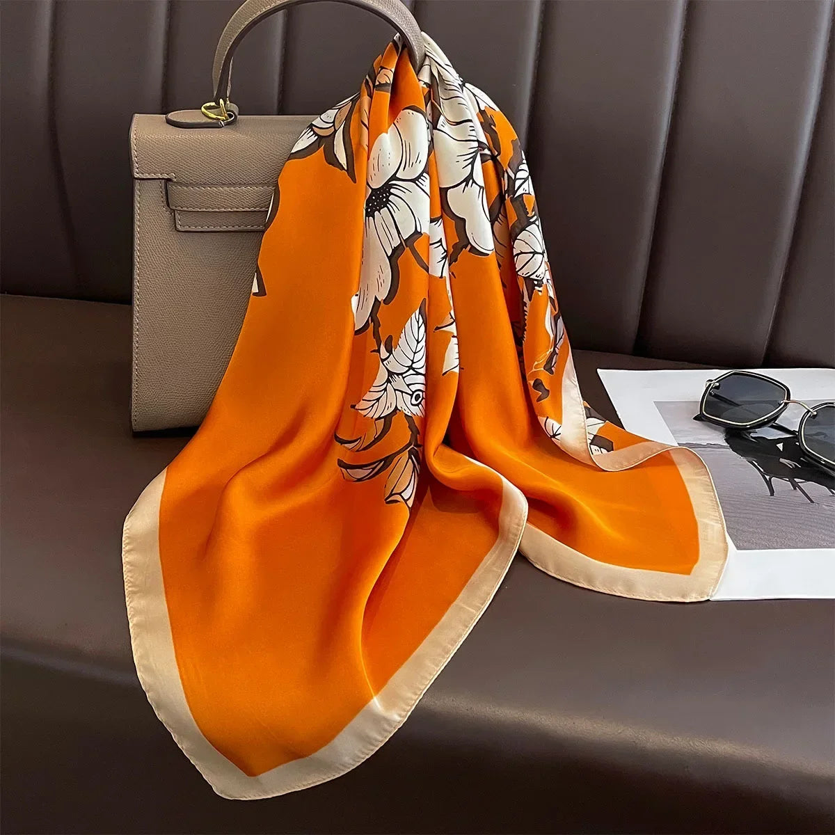 Foulard Carré Soie Satin Imprimé Floral 70x70cm - Neckerchief Bandana Headband Femme