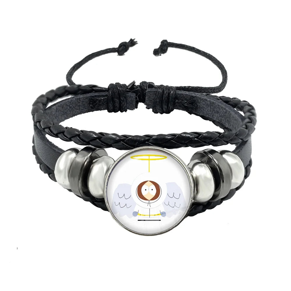 Bracelet South Park Cabochon Verre – Cuir Multicouche Tressé Fait Main Unisexe