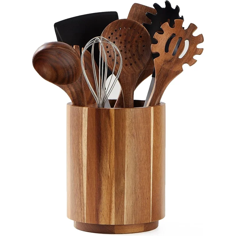 Pot à Ustensiles de Cuisine en Bois d'Acacia Rotatif 360° - Style Farmhouse