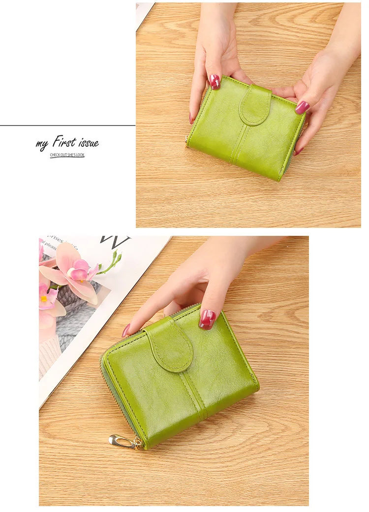 Portefeuille Femme Cuir Bifold Court Rose - Wallet Porte-Cartes Zipper Coin Pouch