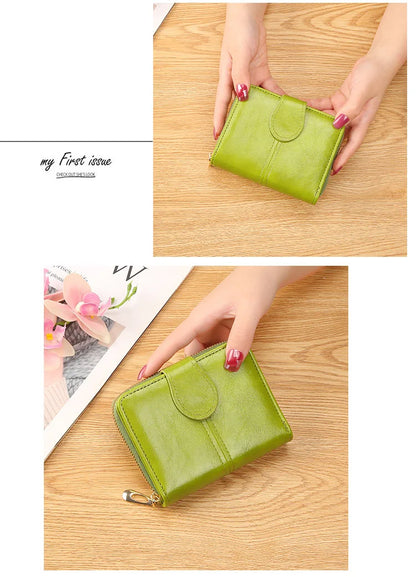 Portefeuille Femme Cuir Bifold Court Rose - Wallet Porte-Cartes Zipper Coin Pouch