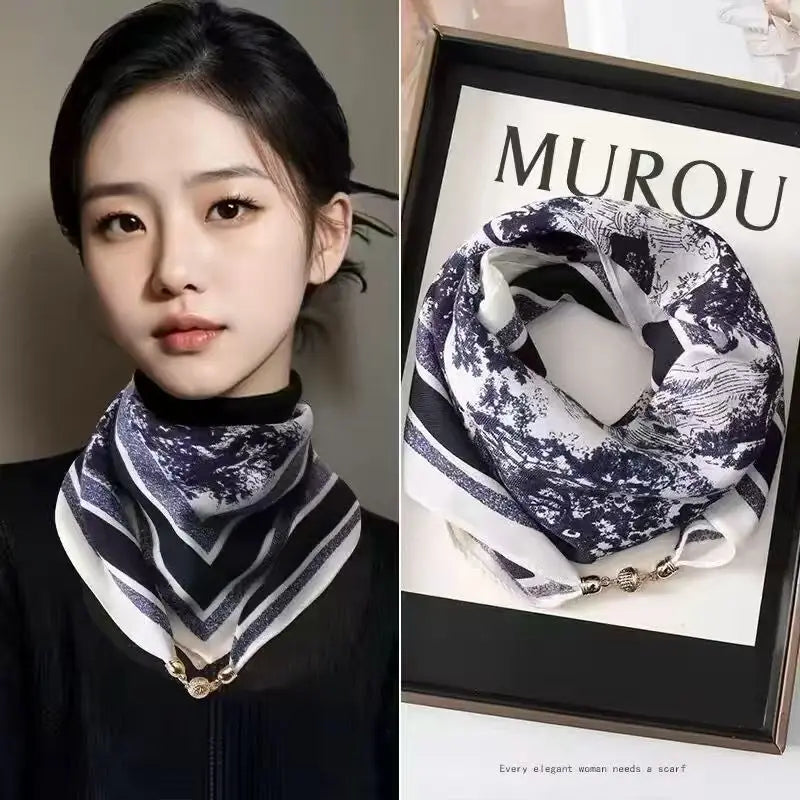 Luxury Square Scarf with Magnetic Buckle for Women - Silk Triangle Cross Scarf