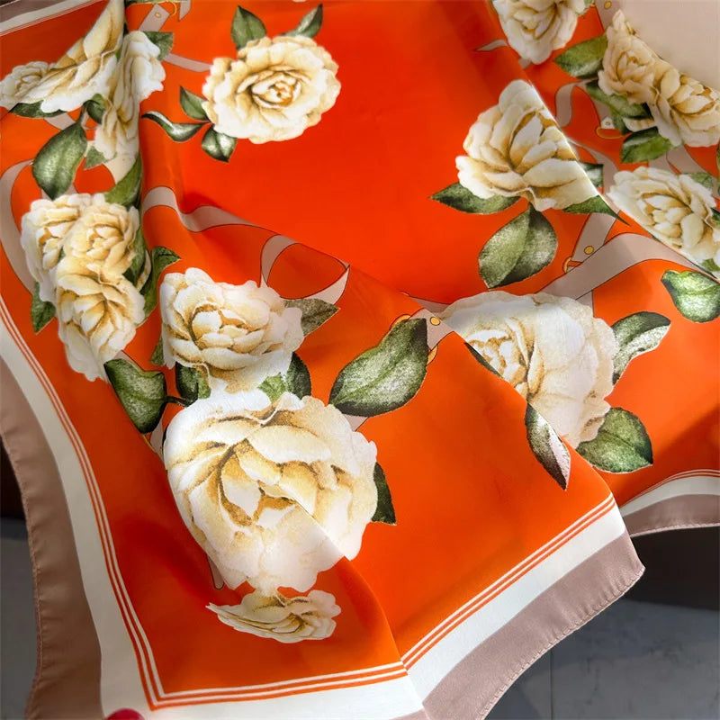 Foulard Carré Soie 70cm Imprimé Rose Femme - Écharpe Printemps Été Headscarf Bandana