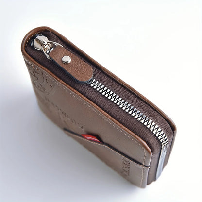 Portefeuille Homme Cuir PU Cire Huile - Court Porte-Monnaie Fermeture Éclair Porte-Cartes