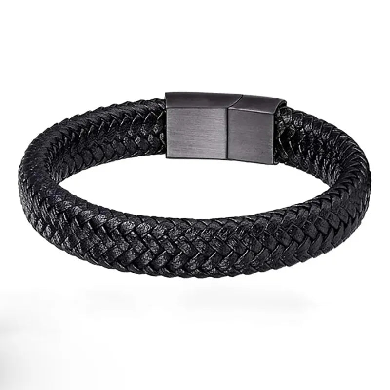 Bracelet Manchette Magnétique Homme — Cuir PU Noir, Fermoir Magnétique, Style Classique