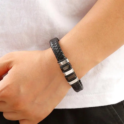 Bracelet Cuir Tressé Multicouche Punk – Boucle Magnétique Croix Homme