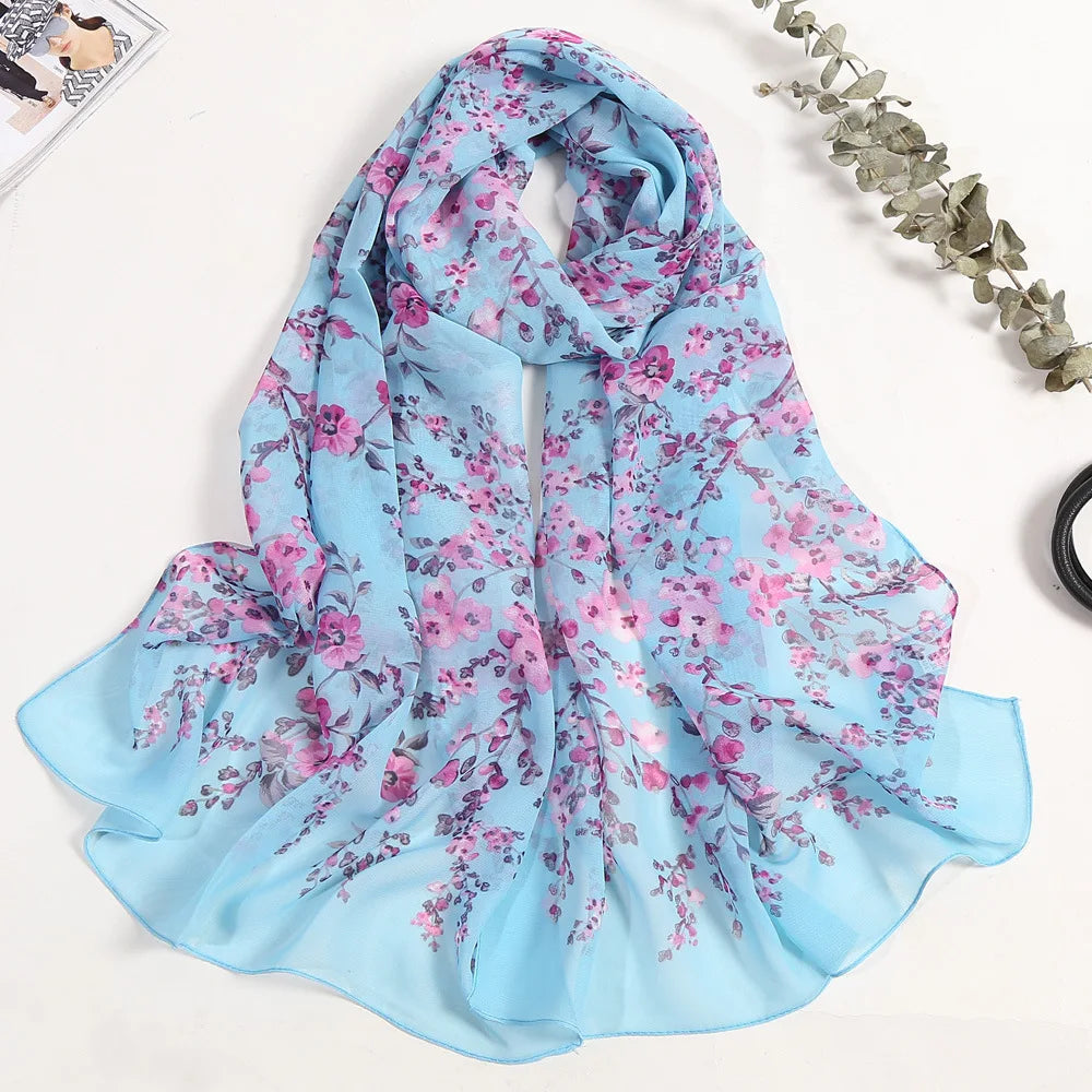 Foulard Écharpe Mousseline Fleur Prunier Femme - Bandana Châle Été Protection Solaire Plage