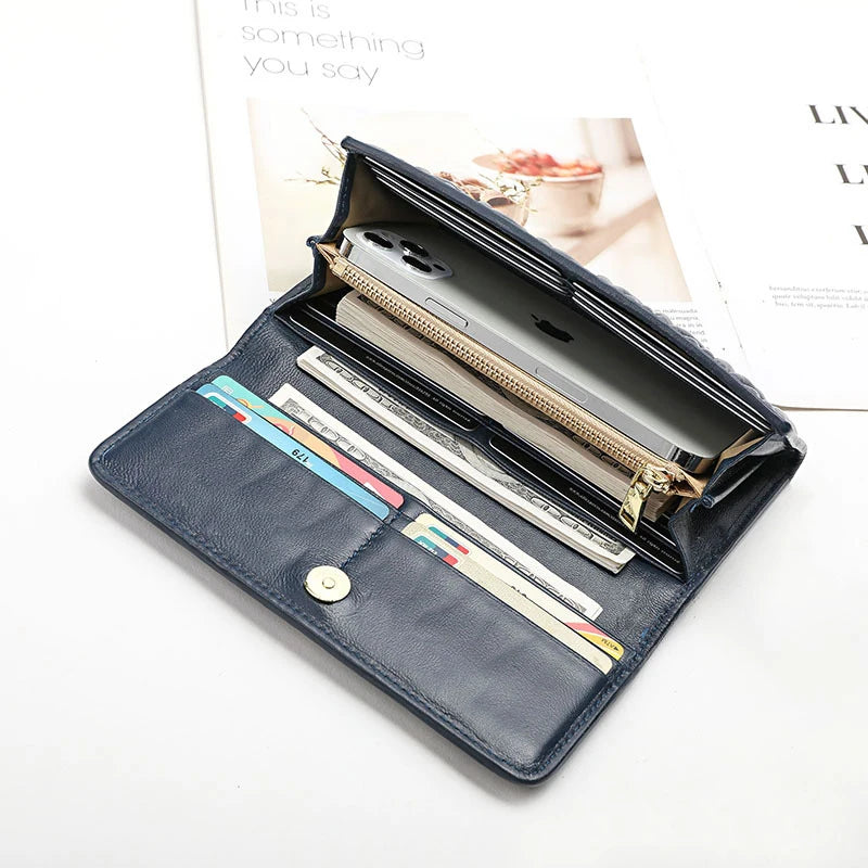Portefeuille Femme Long Plissé Cuir Véritable - Pochette Zip Fermoir Multifonction