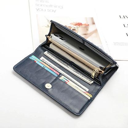 Portefeuille Femme Long Plissé Cuir Véritable - Pochette Zip Fermoir Multifonction