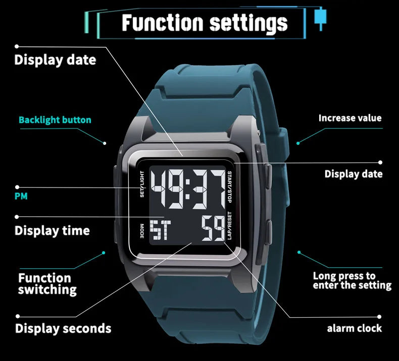 Montre Sport Numérique YIKAZE - Étanche LED Multifonction Homme