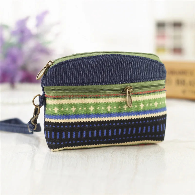 Porte-Monnaie Ethnique en Coton - Pochette Double Zip pour Femme et Enfant