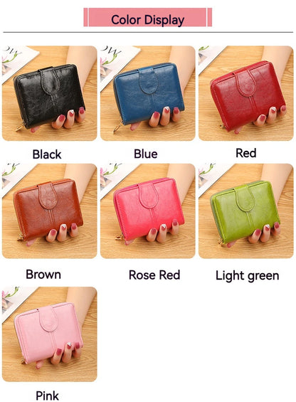 Portefeuille Femme Cuir Bifold Court Rose - Wallet Porte-Cartes Zipper Coin Pouch