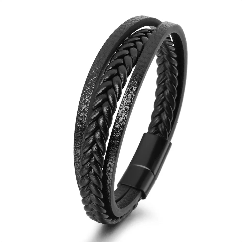 Bracelet Cuir Multicouche Tressé Homme – Acier Inoxydable 21 cm 14 Coloris Cadeau