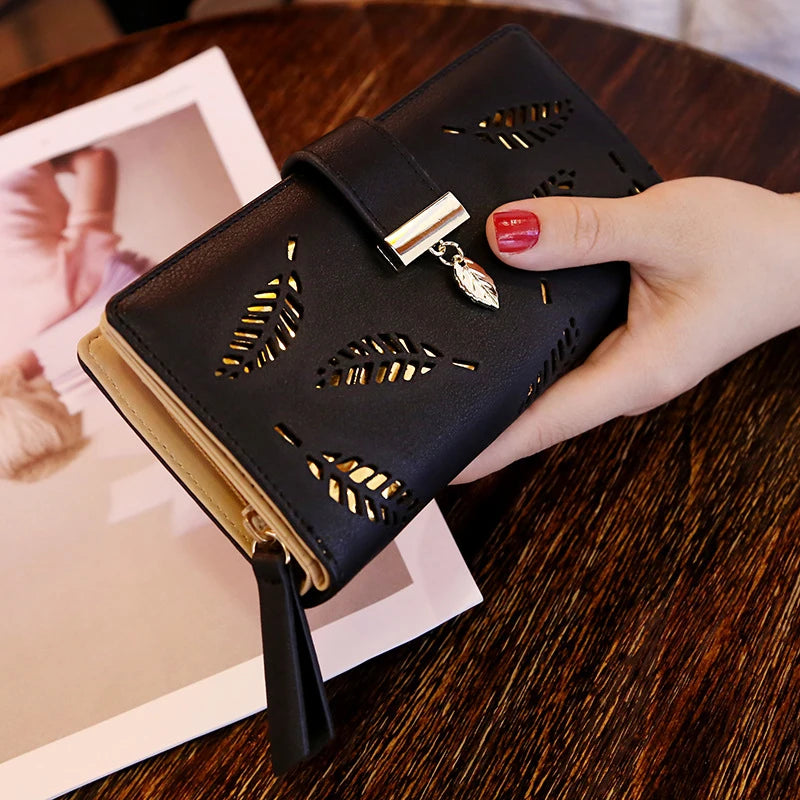 Portefeuille Long Femme Cuir PU Feuilles Dorées - Clutch Porte-Cartes Monnaie Élégant