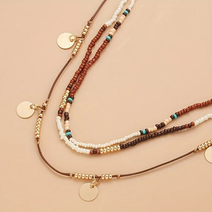 Collier Bohème Multicouche Perles – Pendentif Ethnique Rétro