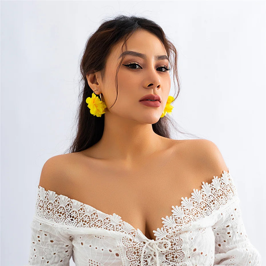 Boucles d'Oreilles Créoles Rose Tissu Pendentif Bohème – Kpop Colorées Y2K Soirées Femme
