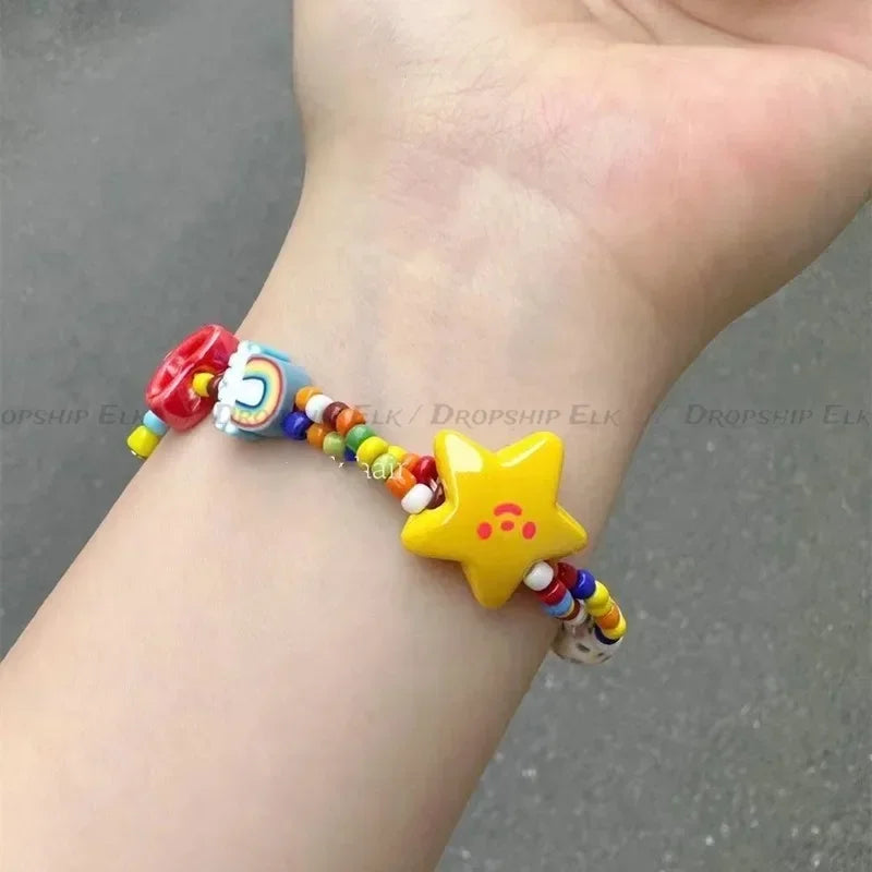 Bracelet Perles Chat Noir Cartoon Cœur Étoiles Strass – Charm Mignon Tendance Femme