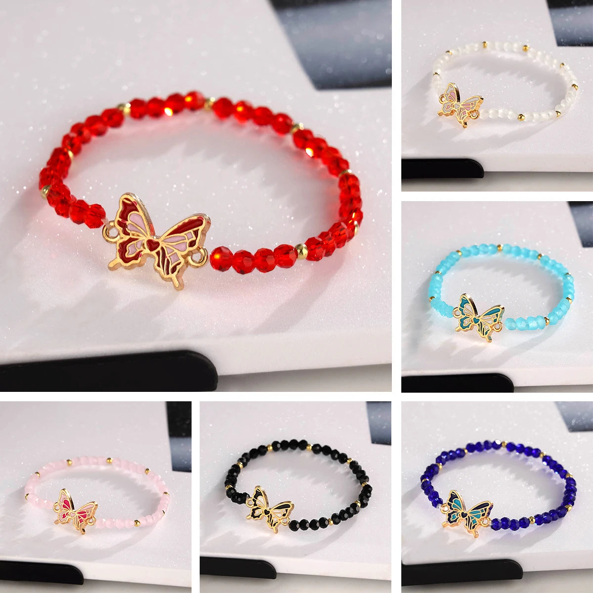 Ensemble 12 Bracelets Perles Verre Bohème – Bangles Papillon Romantique Mignon Femme