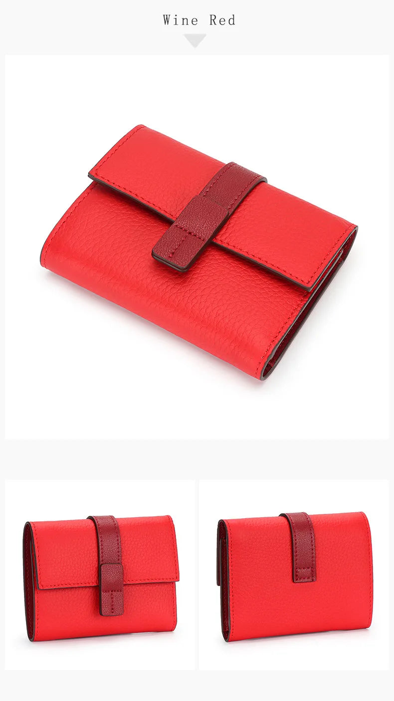 Portefeuille Femme Court Cuir Véritable Trifold - Porte-Monnaie Zippé Grande Capacité Contraste Marron