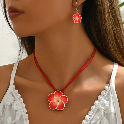 Ensemble Bijoux Fleurs Tressées Bohème Grande Fleur – Collier Boucles Rose Rouge Bleu Plage Femme