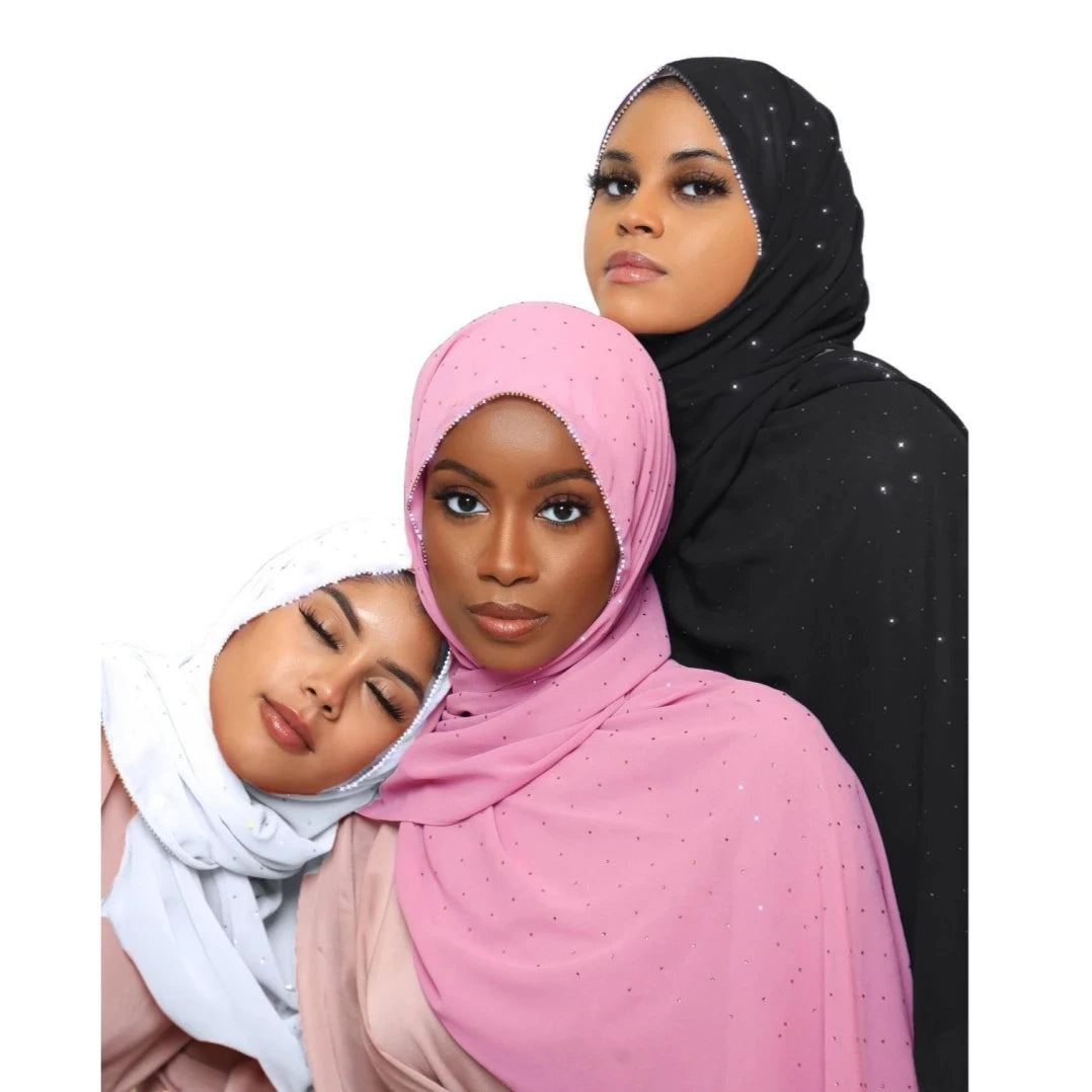 Hijab Mousseline Chaîne Strass - Voile Long Élégant Femme