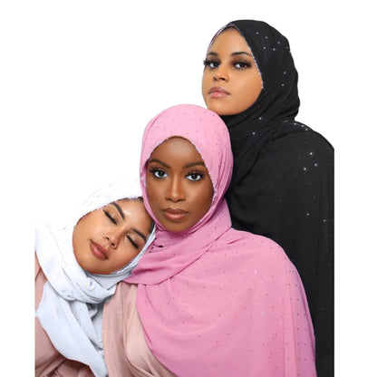 Hijab Mousseline Chaîne Strass - Voile Long Élégant Femme