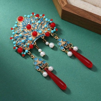 Broche Tiare Mariée Style Chinois - Ornement Luxe Pendants Couleurs Mixées