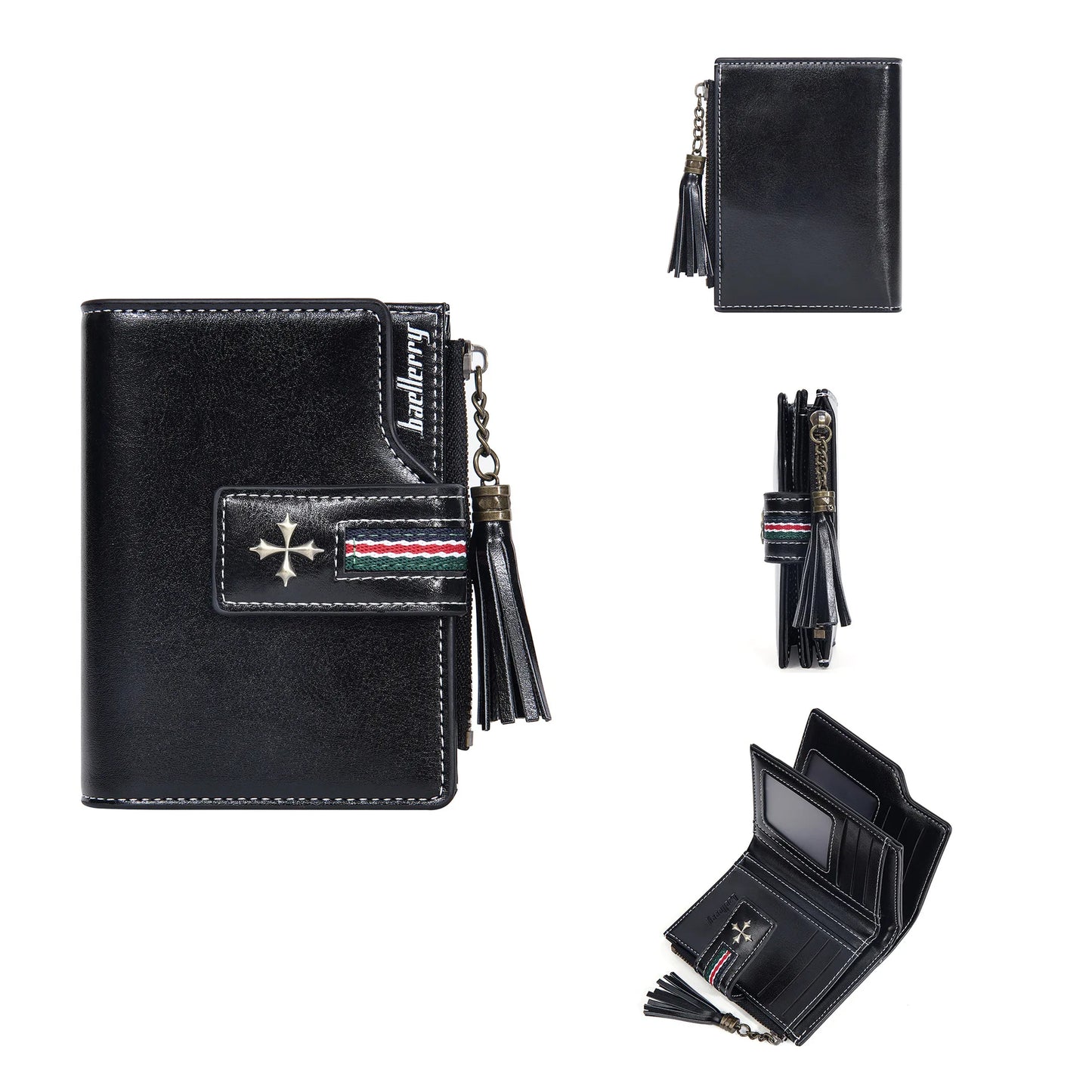 Portefeuille Femme Cuir Ciré Glands - Porte-Monnaie Tri-Fold Multi-Fentes Fermeture Éclair