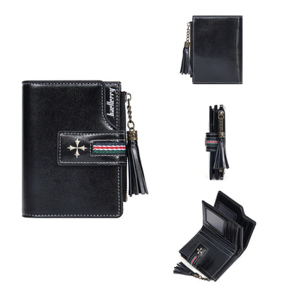 Portefeuille Femme Cuir Ciré Glands - Porte-Monnaie Tri-Fold Multi-Fentes Fermeture Éclair