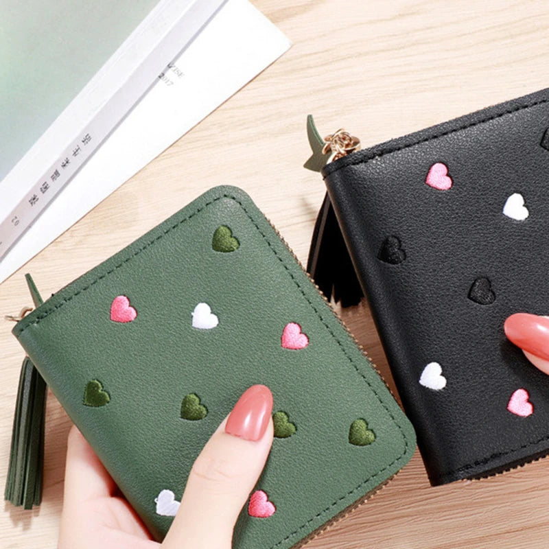 Portefeuille Femme Mini Court Pompon Zippé - Porte-Monnaie Cuir PU Cute Porte-Carte Main Vert
