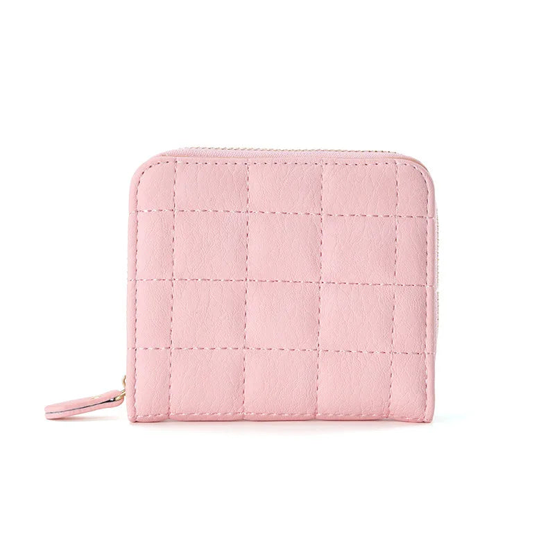 Portefeuille Court Femme Cuir PU à Carreaux - Petit Porte-Cartes Zip avec Porte-Monnaie