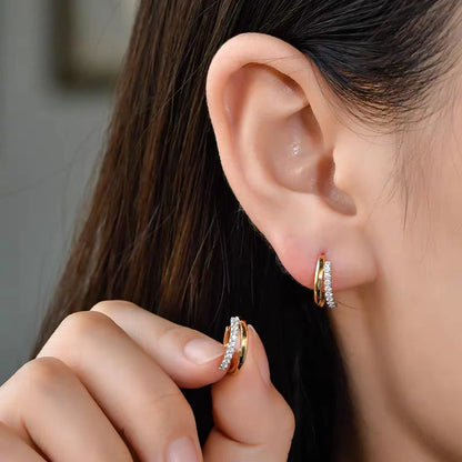 Boucles d'Oreilles Créoles Moissanite 2mm Argent 925 Plaqué Or 18K – Double Cercle Diamant Femme