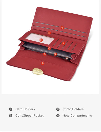 Portefeuille Femme Long Cuir Simple Fashion - Porte-Carte Crédit Porte-Chéquier Rouge Kaki Élégant