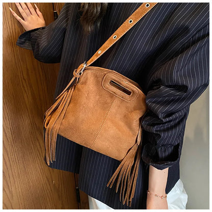 Sac à Main Femme Daim Vintage Style Français - Sac Bandoulière Épaule Glands Café