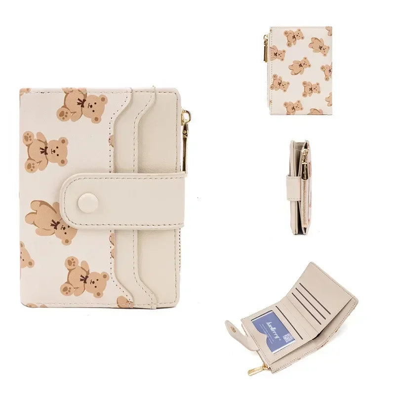 Portefeuille Femme Court Ourson Mignon - Bifold Cuir PU Porte-Cartes Zipper Bleu
