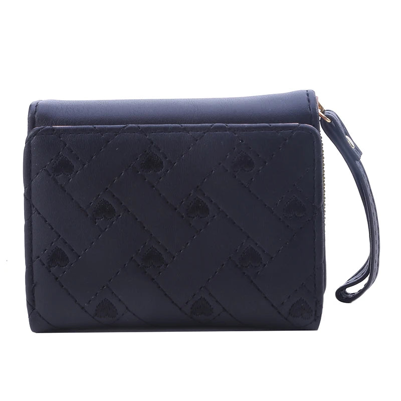 Portefeuille Femme Court Trifold Cuir PU Broderie Amour - Porte-Carte Multi-Poches Fashion Minimaliste Noir