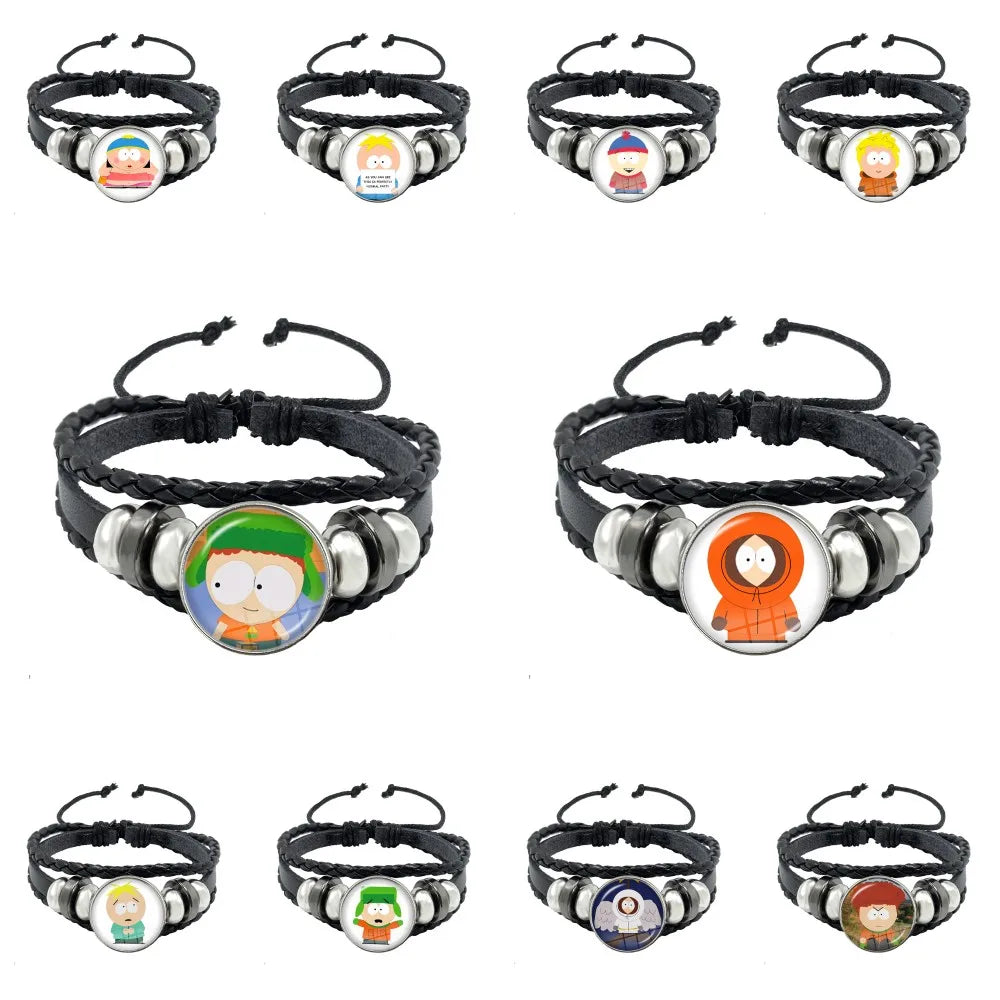 Bracelet South Park Cabochon Verre – Cuir Multicouche Tressé Fait Main Unisexe