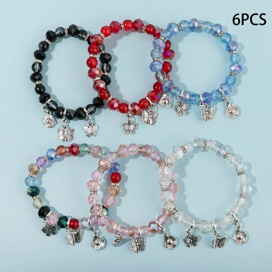 Ensemble 6 Bracelets Perles Verre Fleurs Papillons – Stack Coloré Tendance