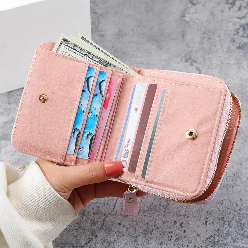 Portefeuille Court Femme Cuir PU à Carreaux - Petit Porte-Cartes Zip avec Porte-Monnaie