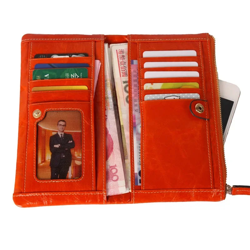 Portefeuille Femme Cuir Véritable Long - Porte-Monnaie Luxe Huile Végétale Casual