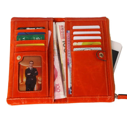 Portefeuille Femme Cuir Véritable Long - Porte-Monnaie Luxe Huile Végétale Casual