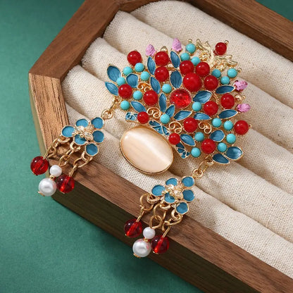 Broche Tiare Mariée Style Chinois - Ornement Luxe Pendants Couleurs Mixées