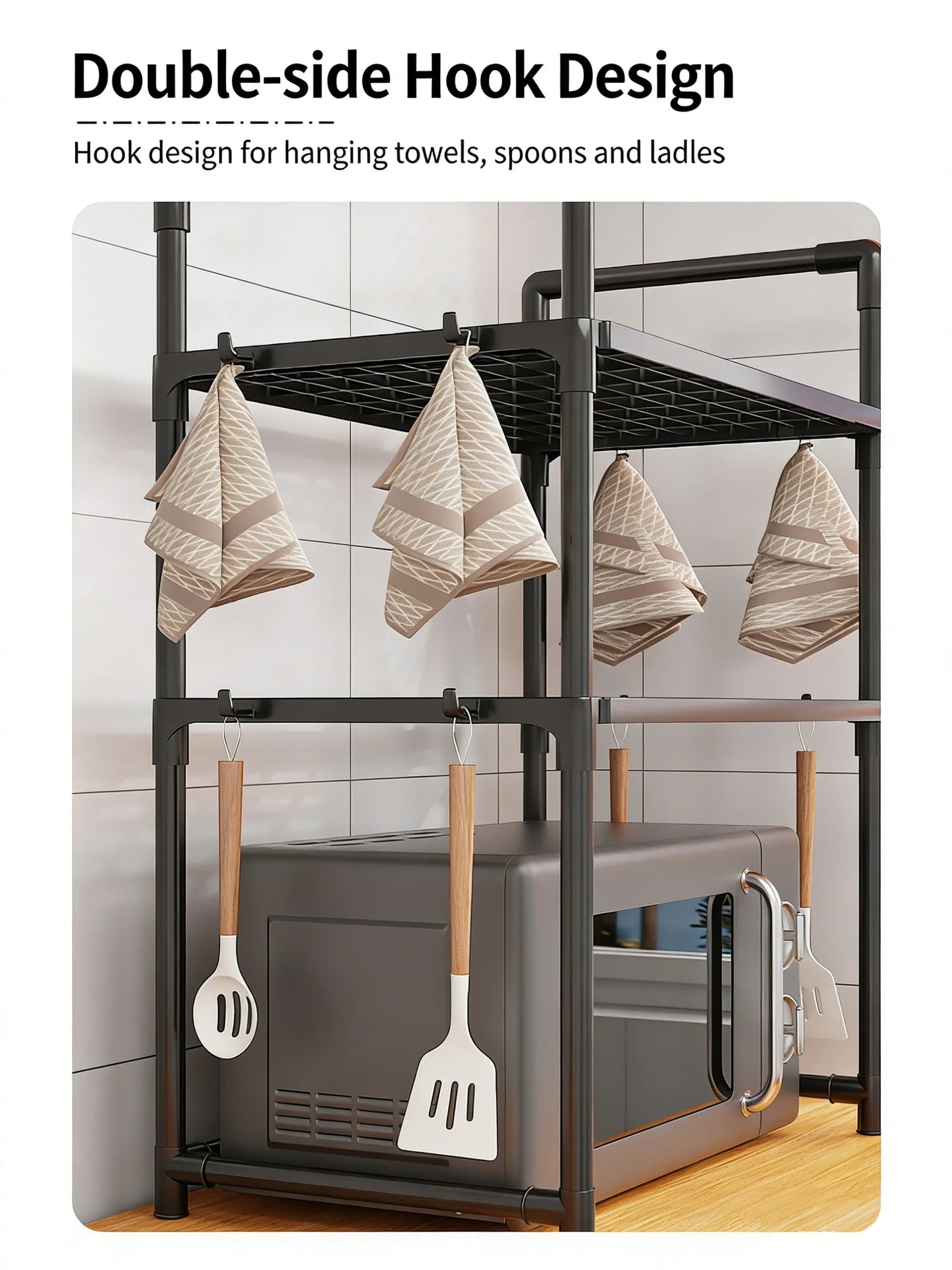 Étagère de Rangement Cuisine avec Crochets - Support Micro-Ondes et Organisateur Comptoir