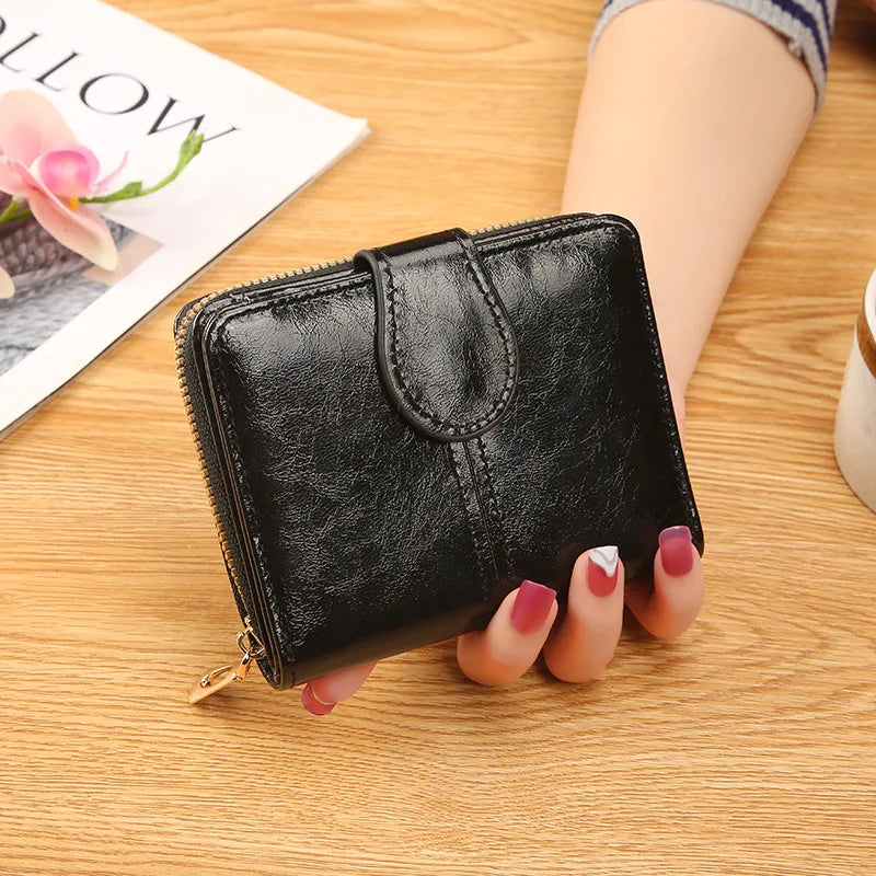 Portefeuille Femme Cuir Bifold Court Rose - Wallet Porte-Cartes Zipper Coin Pouch